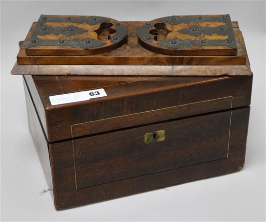 A Victorian rosewood work box, a Victorian brass mounted walnut telescopic bookslide and a needlecase (3)